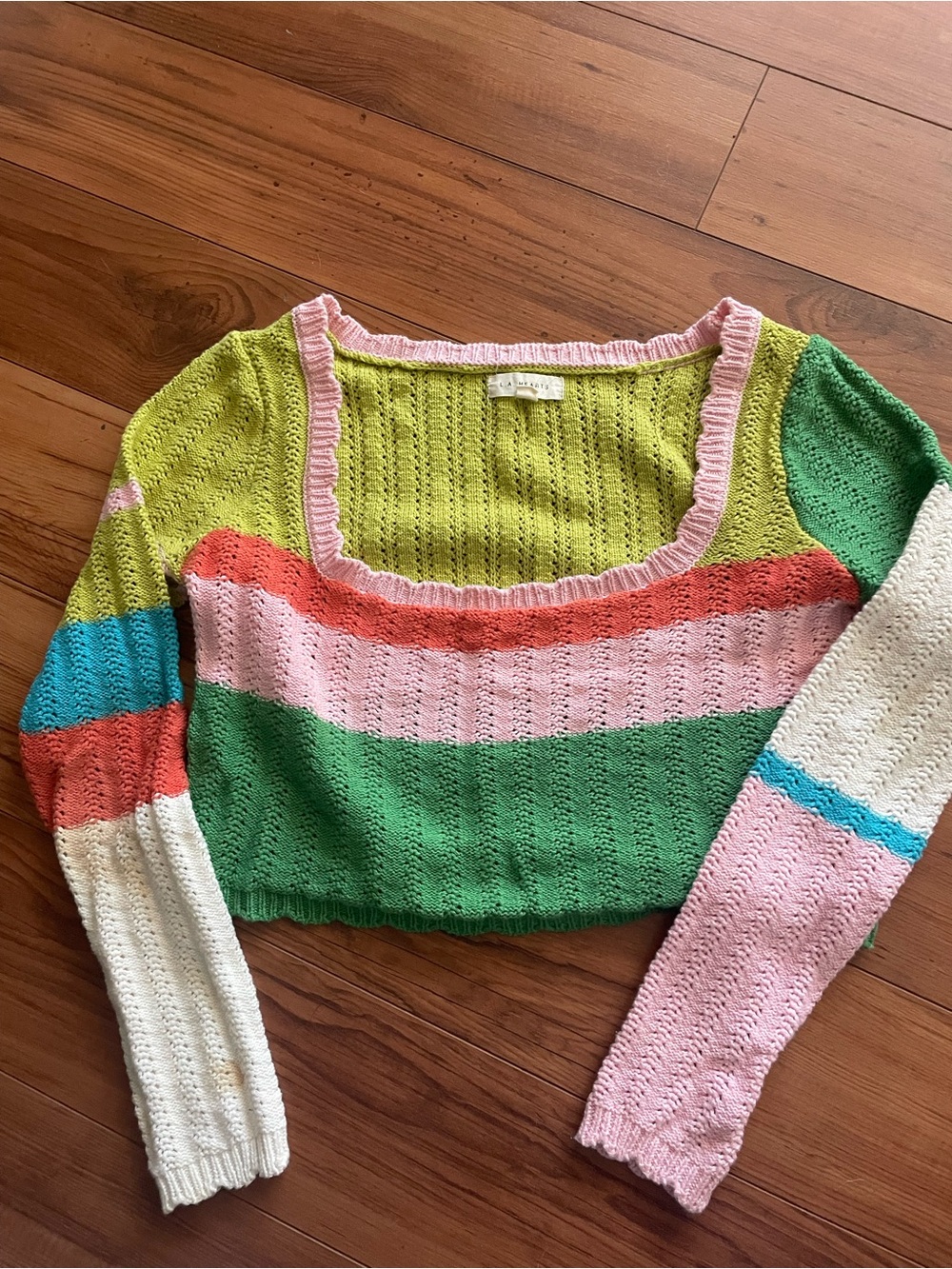 LA Hearts Colorblock Scoop Neck Cropped Sweater in Green, Pink & White